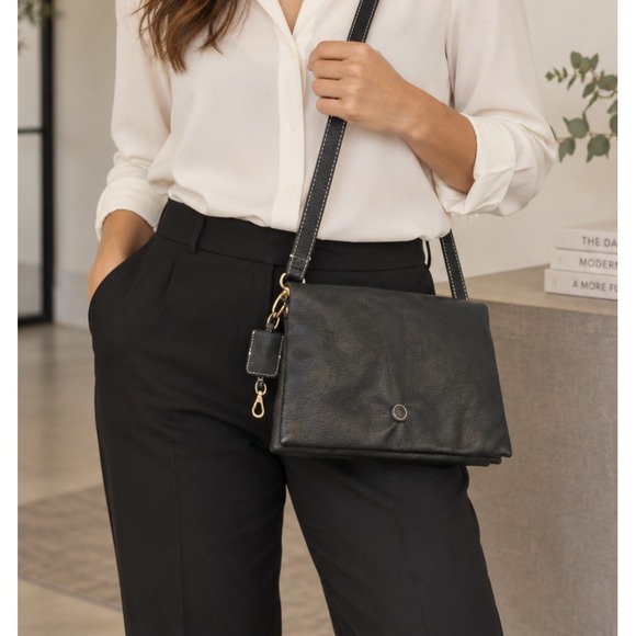 J. Jill Handbags - J JILL Do It All Crossbody Black Pebbled Leather Soft Fold Bag Minimalist Purse